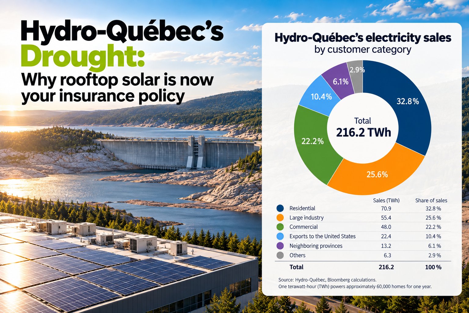 Pie chart of Hydro-Québec's 2022 electricity sales by customer category (source: Hydro-Québec, Bloomberg)