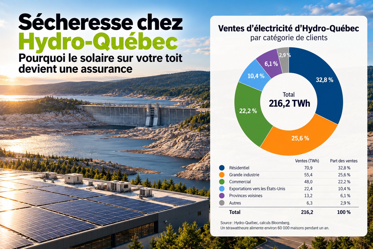 Diagramme circulaire des ventes d'électricité d'Hydro-Québec en 2022 par catégorie de clients (source : Hydro-Québec, Bloomberg)